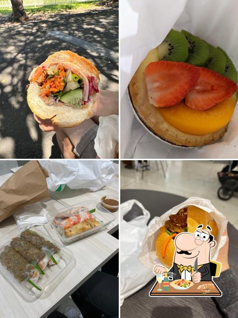 Banh mi cross-section, custard tart and rice paper rolls